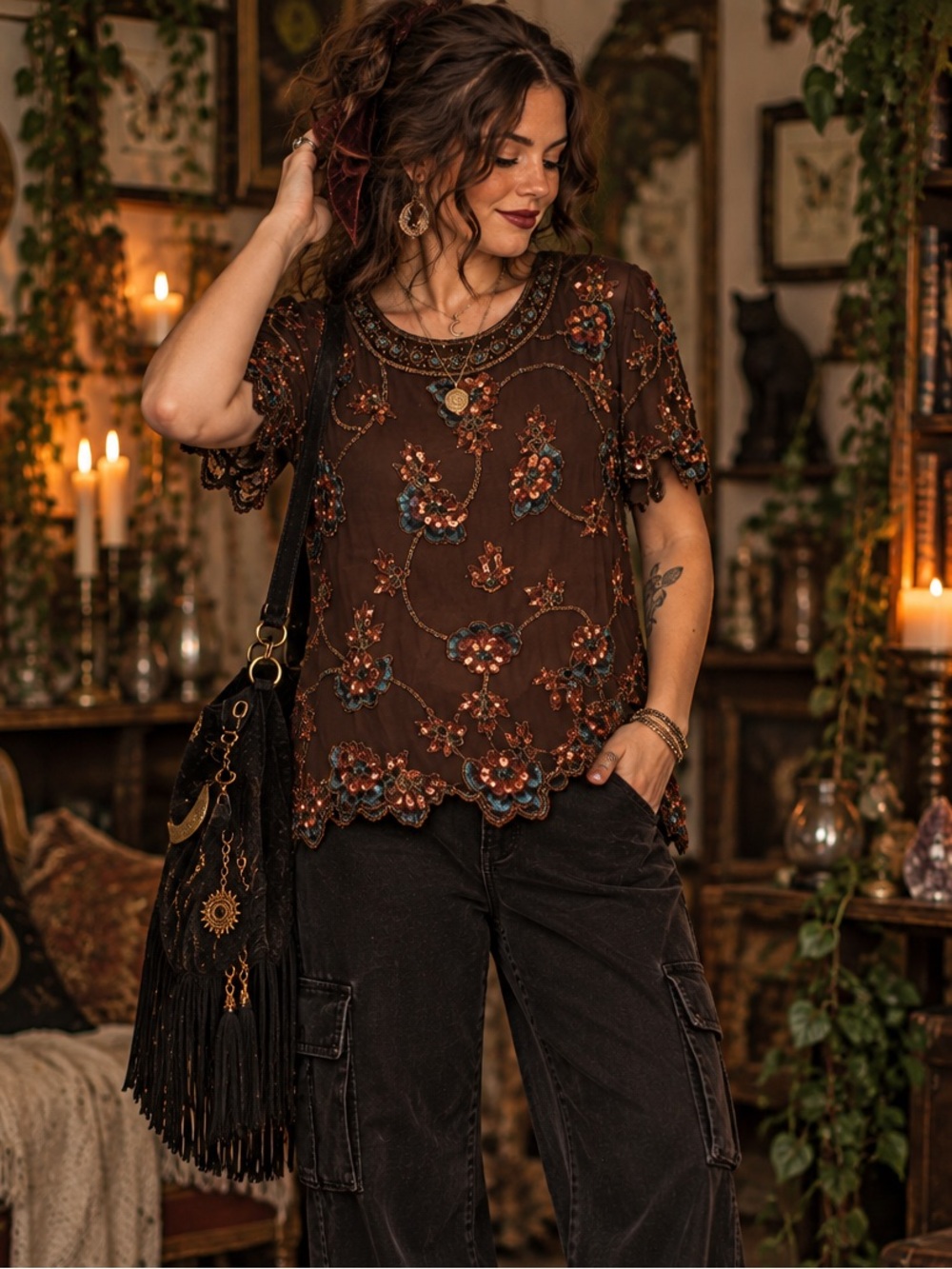 Stenay Art Deco Sequin Beaded Hand Work Whimsygoth Indie Statement Blouse